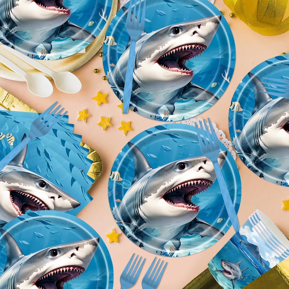 Squalo Stoviglie per Feste di Compleanno Decorazioni Animali Marini Stoviglie Set Compleanno Squali Stoviglie Forniture per Feste Bicchieri Piatti Carta Tovaglioli 24 Ospiti