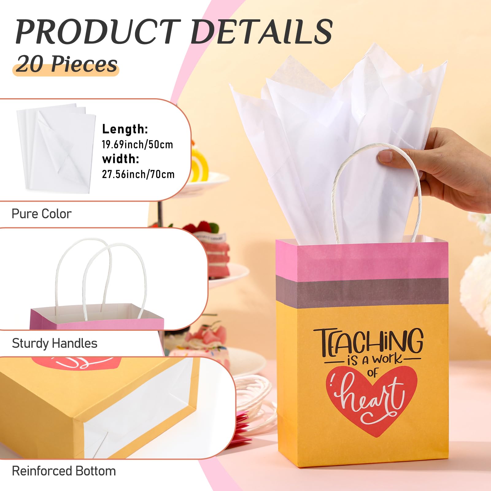 Motipuns 20 Sets Teacher Appreciation Gift Bags with Handles and Tissue Paper Best Teacher Ever Kraft Bags Thank You Gift for End of School Graduation Classroom Retirement, 5.9 x 3.15 x 8.27 Inch