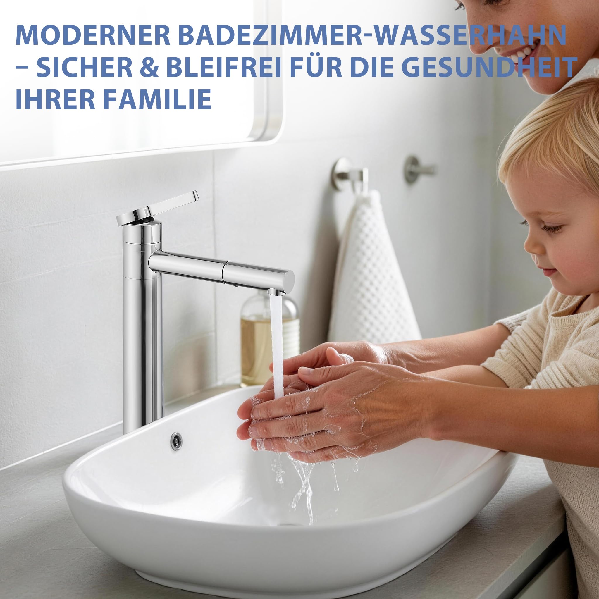 HOMELODY Grifo de lavabo alto cromado, doble caño y cuerpo giratorios 360°, 215 mm de altura de caño de acero inoxidable, grifo monomando para baño, ahorro de agua