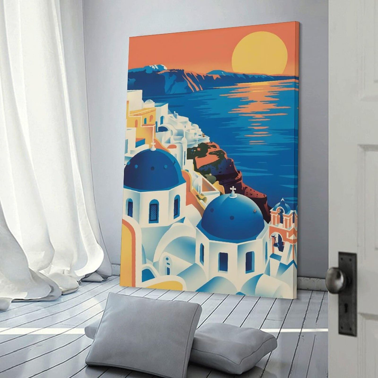 Junmoney Santorini Greece Illustration(2) Hanging Wall Art, 20x30inch(50x75cm), for New Homes, Bedrooms Or Workspaces, Thoughtful Wall Decor for Art Lovers