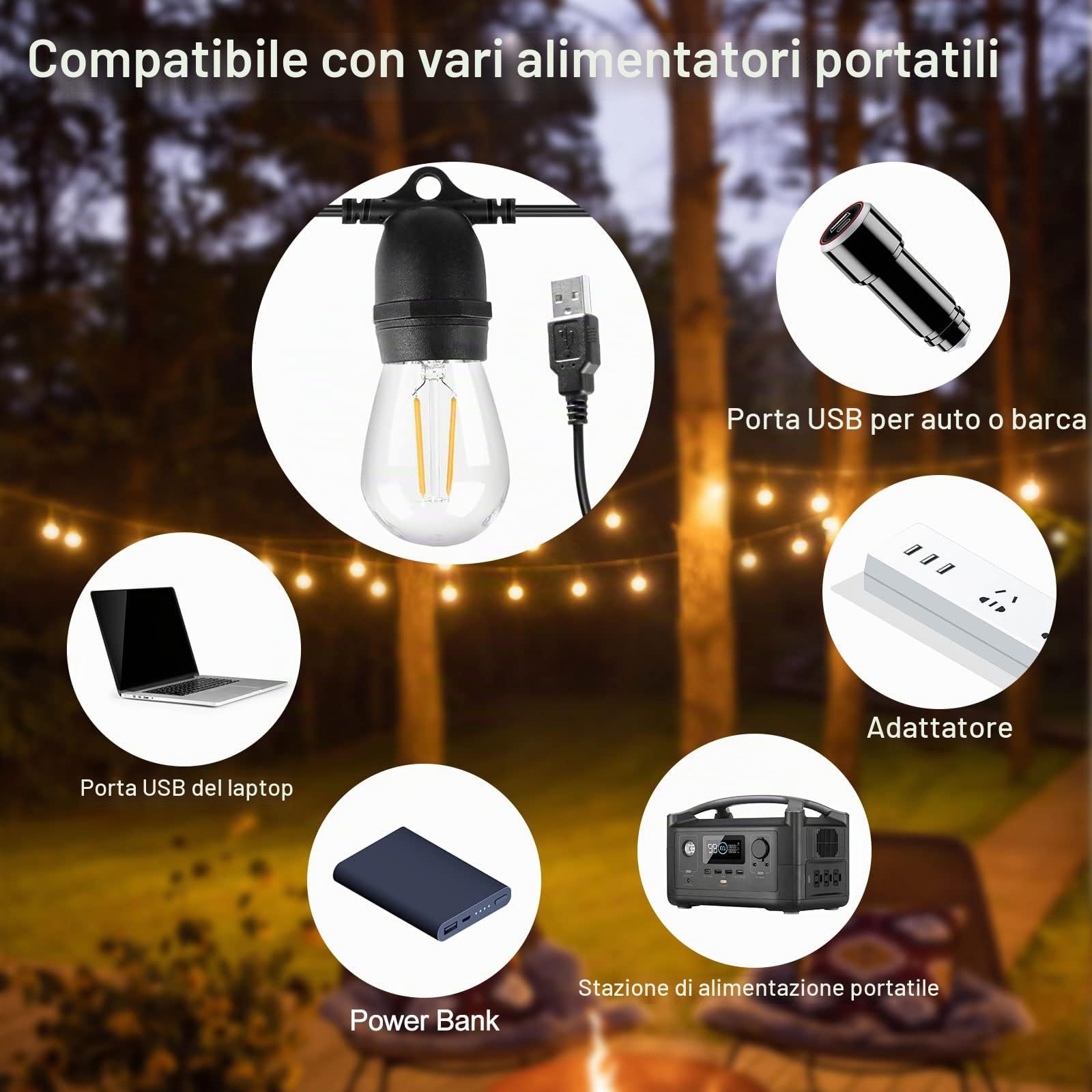 Luci a stringa USB per esterni, 24,6 m, S14, infrangibili, impermeabili, dimmerabili, da campeggio, con 10 lampadine Edison da 1 W, S14, E26, 2700 K