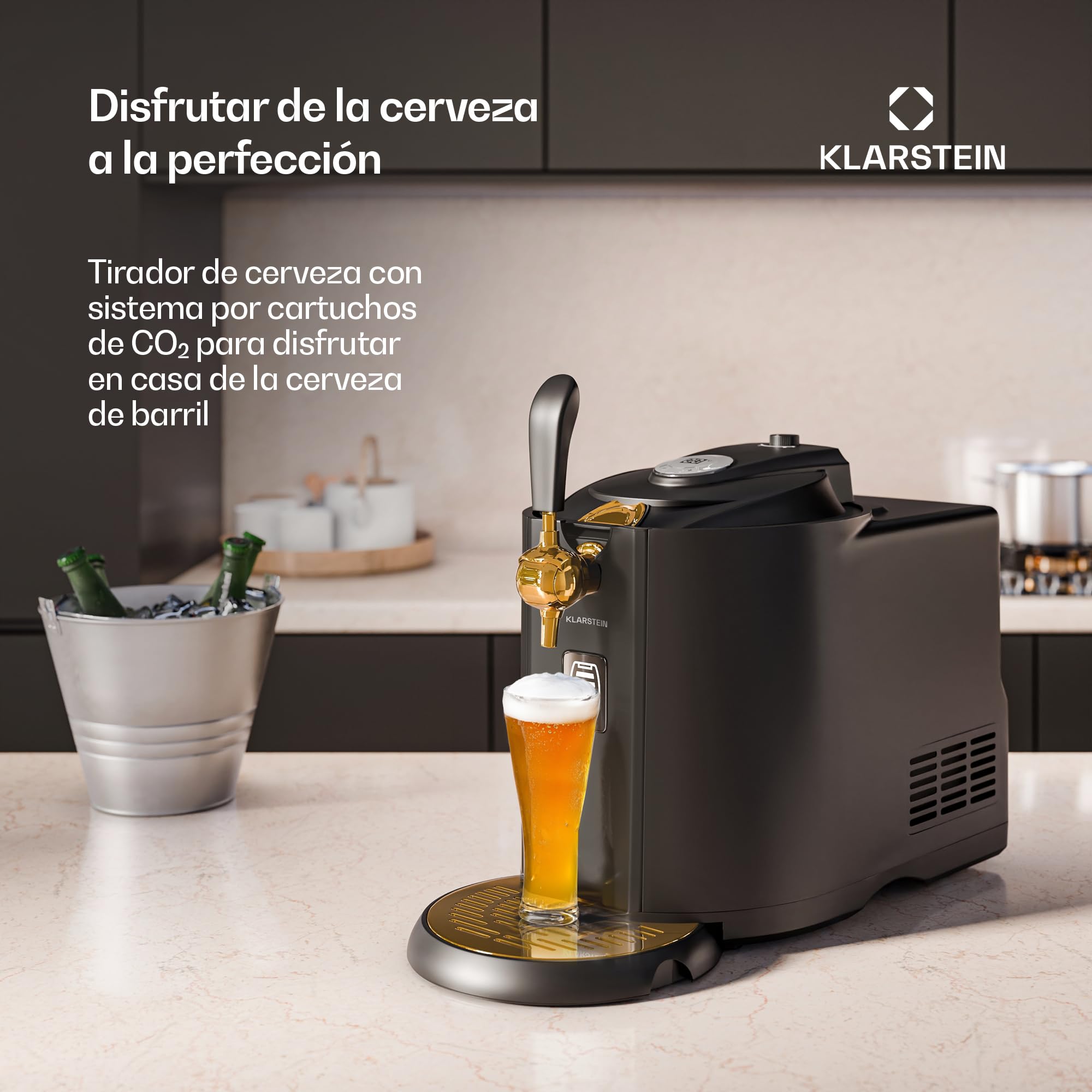 KLARSTEIN Dispensador de Cerveza Beerkules, Grifo de Cerveza con Enfriador, Barril 5l, CO2, Temperatura Ajustable, Pantalla LCD, Negro-Dorado