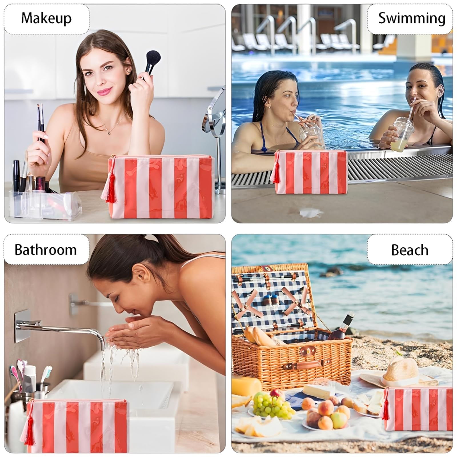 Borsa Cosmetica da Viaggio Donna Astuccio da Toilette a Righe Arancione Beauty Case Impermeabile in PVC con Cerniera Porta Trucchi Trousse Organizer Portatile per la Spiaggia e le Vacanze Estive