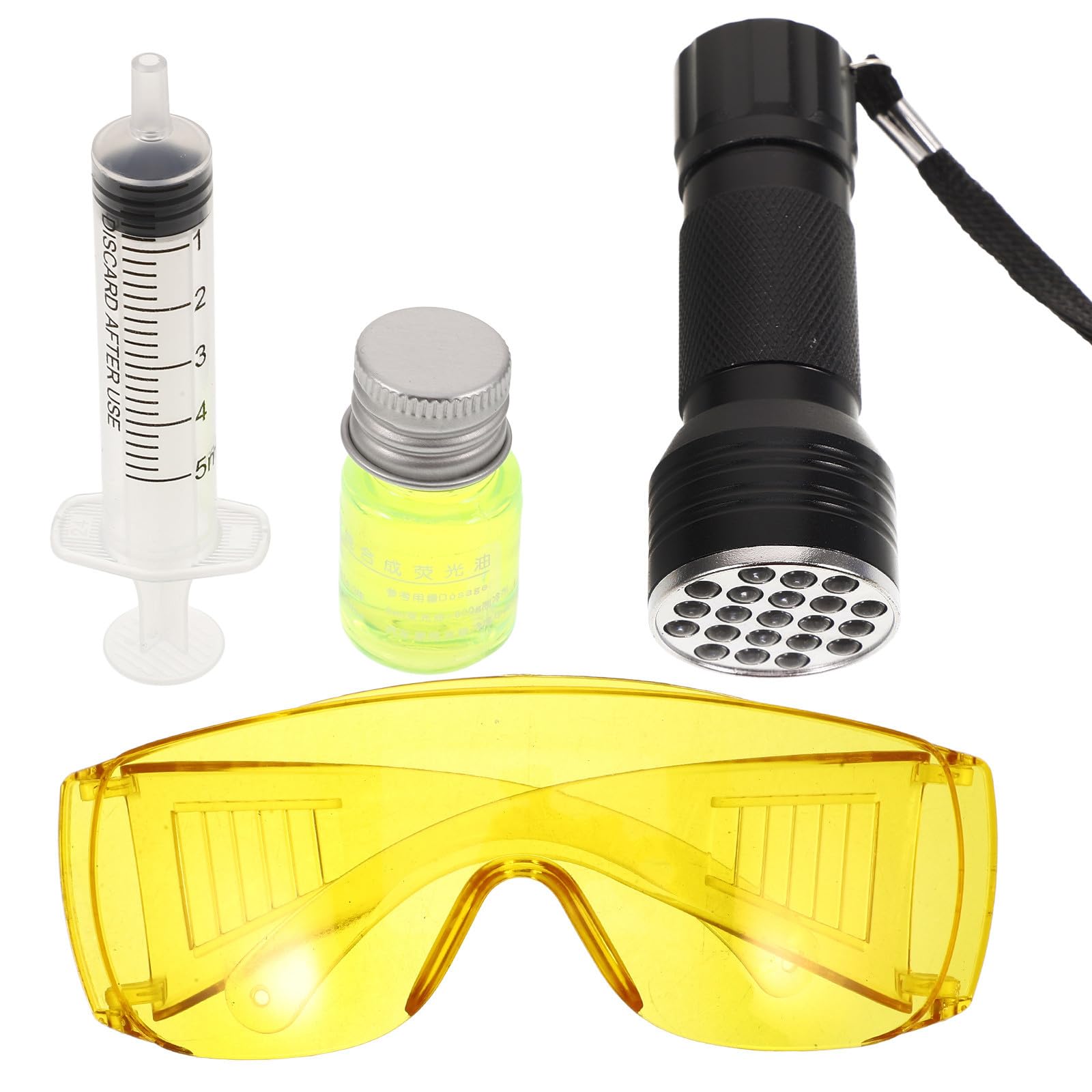 Lecksuchgerät für Kfz Klimaanlagen mit Kunststoff und Metall Einfach zu Bedienen Inklusive Fluoreszierendem Farbstoff und Schutzbrille für Reparaturarbeiten