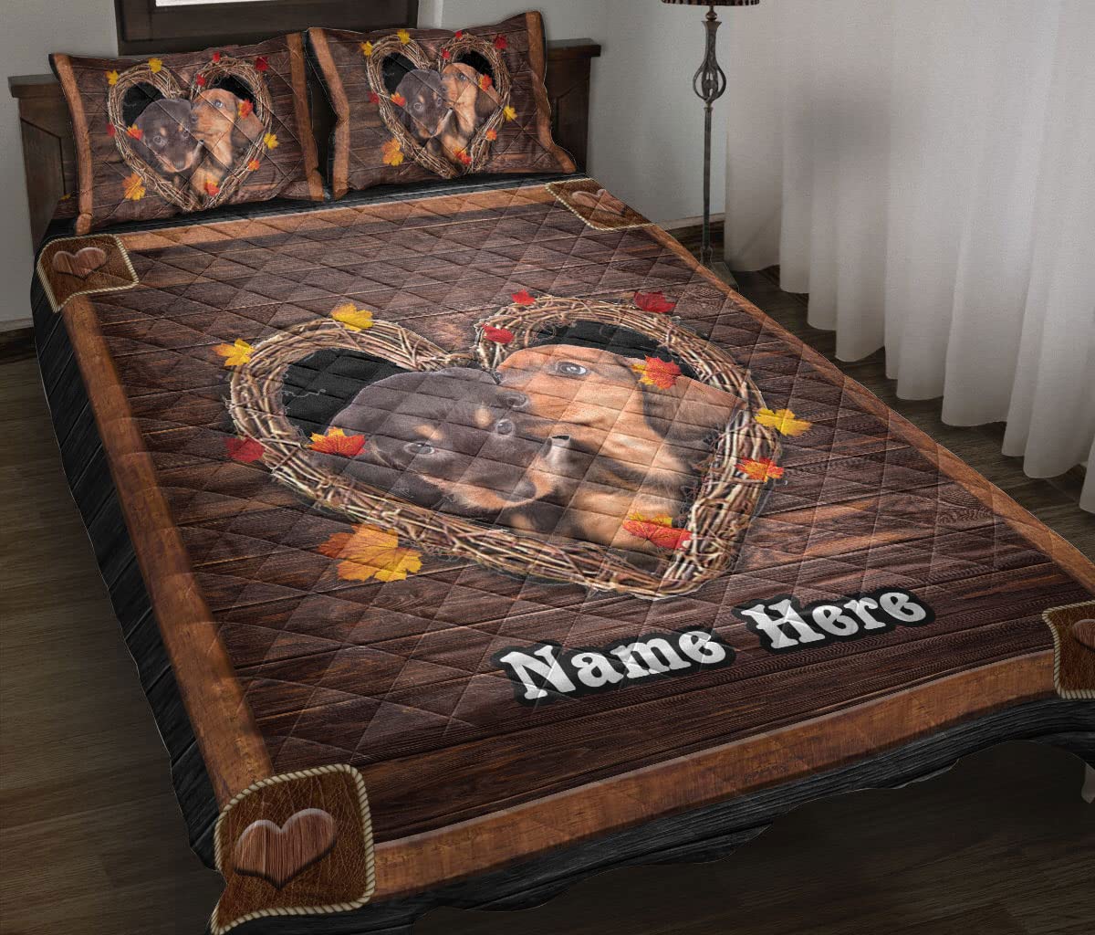 OhaPrints Custom Dachshund Weiner Doxie Heart Dog Puppy Lover Gift Personalized Name Quilt Blanket & Pillowcases, Bedding Set & Pillow Cover, King