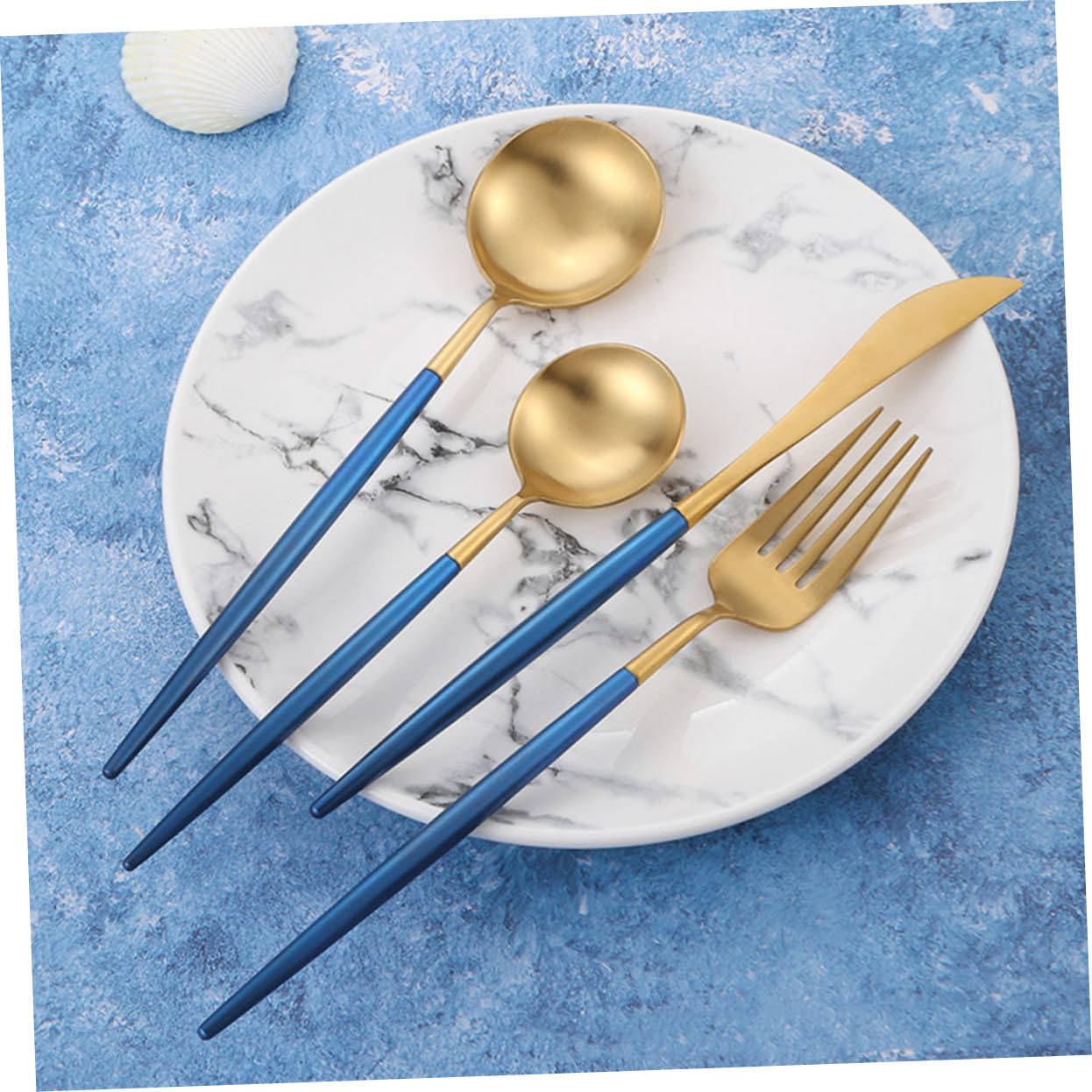 Juego de Cubiertos de Acero Inoxidable 1 Set, Tenedor de Cena | Diseño Clásico Moderno, Azul y Dorado, Uso en Boda y Celebraciones, Agarre Firme y Limpieza Fácil