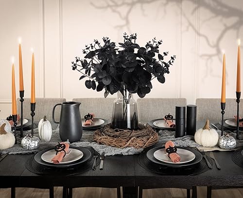 Miniatura 3 de RECUTMS 8 tallos de eucalipto negro de 14 pulgadas con jarrón de cerámica para Halloween, hojas de eucalipto negras, ramo de ramas para mesa de