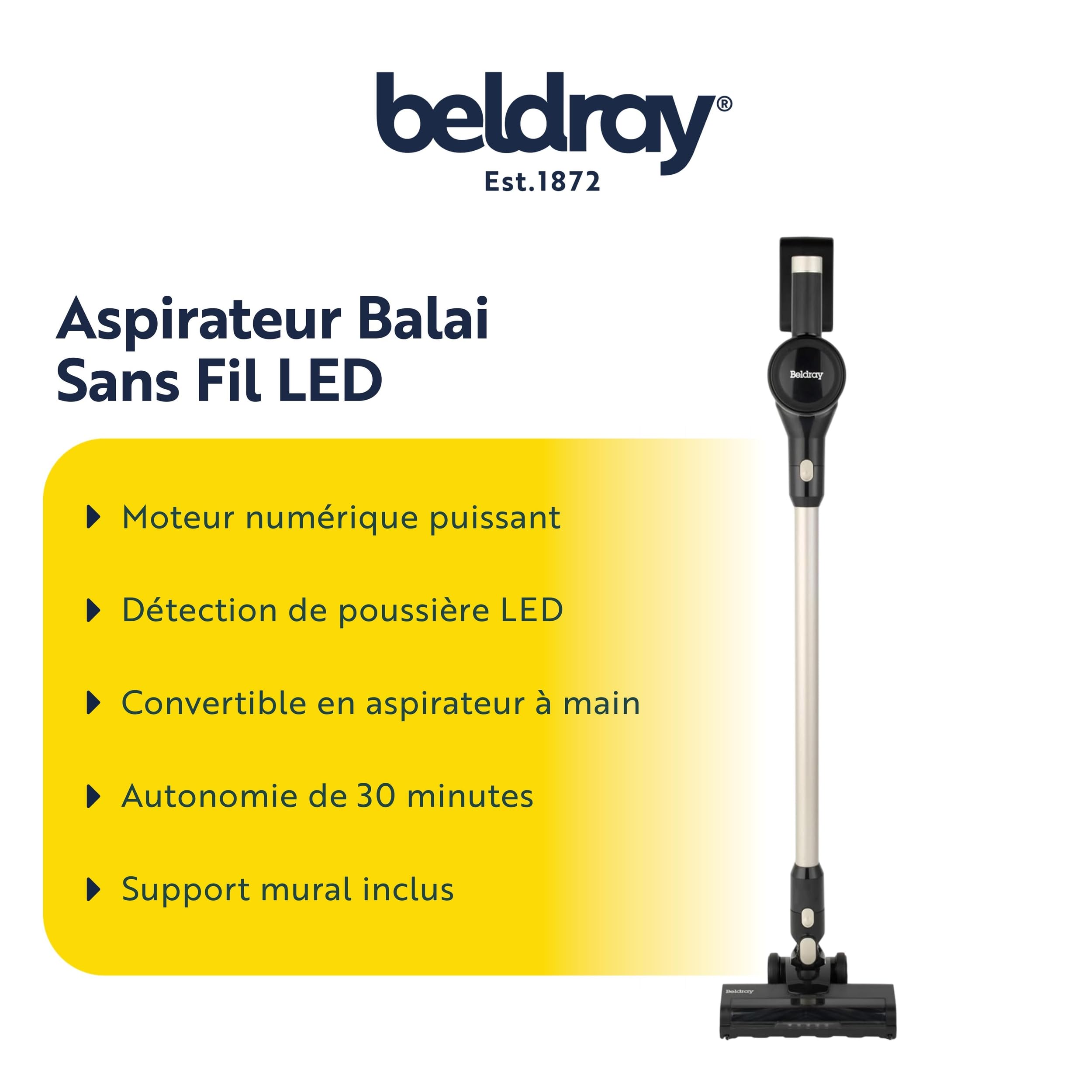 Beldray Airvolve Aspirateur Numérique Sans Fil – Technologie LED de Détection de Poussière, Comprend Support Mural & Brosse 2-en-1 pour Crevasses, Batterie 22.2V, 500ml, BEL01981VDE