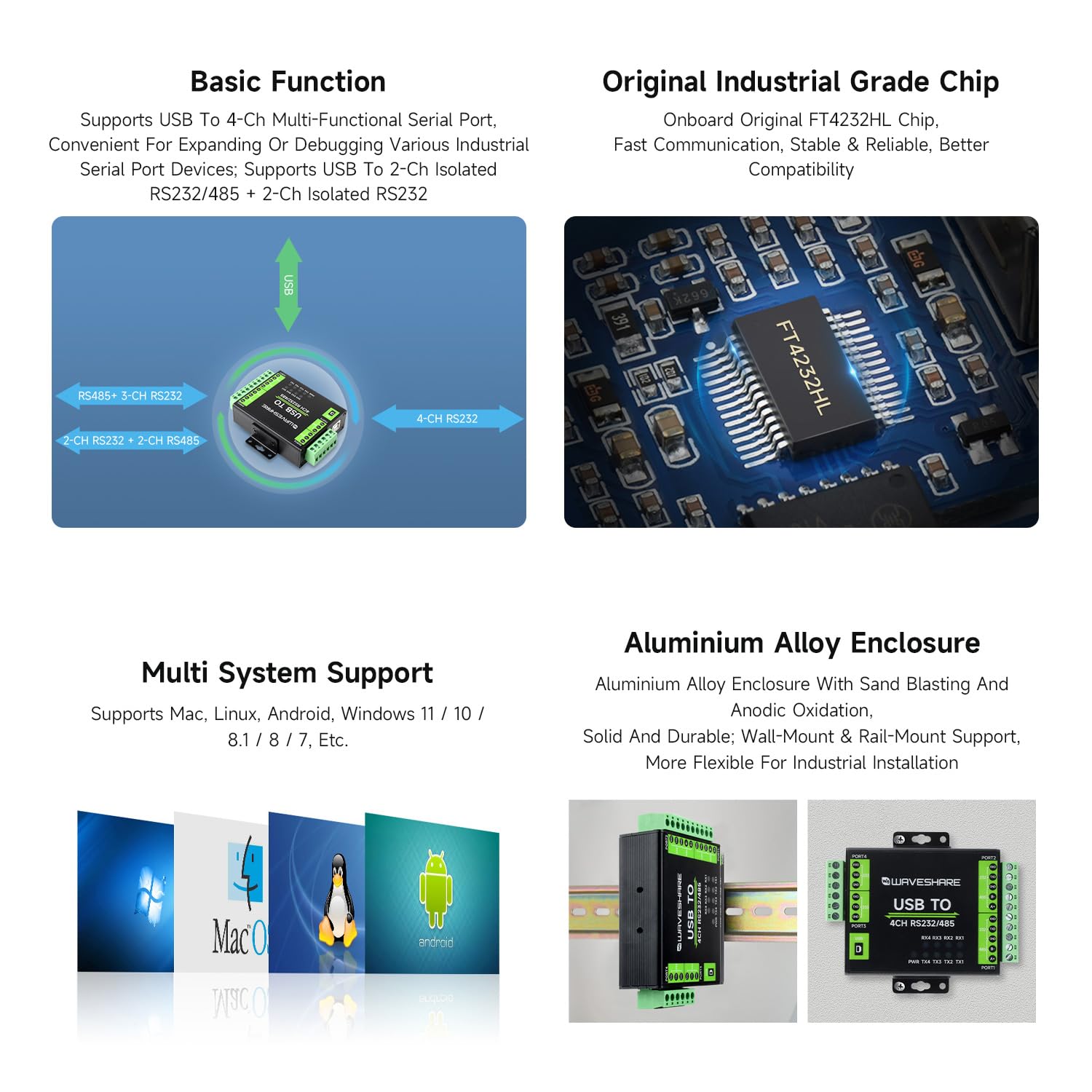 Waveshare Industrial Isolated USB to RS232/485 Converter, Original FT4232HL Chip, Supports USB to 2-Ch RS232 + 2-Ch RS232/485, Wall-Mount & Rail-Mount Support