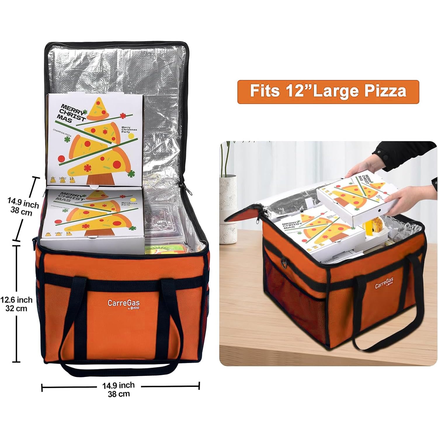 Isoliertasche für heiße Lebensmittel, 53 x 30 x 28 cm, für kalte und warme Speisen, Pizza, Restaurant, Uber Eats Liefertasche, Picknick, Lebensmitteleinkaufstasche, Orange, 38 x 38 x 32 cm