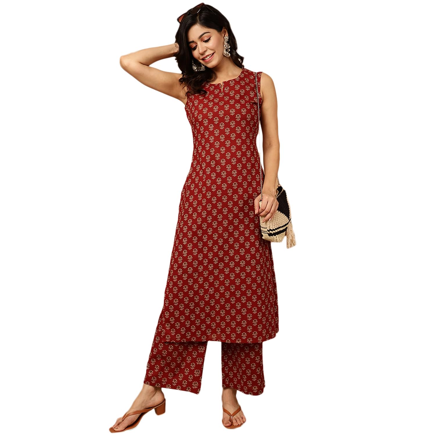 kimayra Womens Cotton Calf Length Printed Straight Sleeveless Round Kurta Bottom Set-picture-11