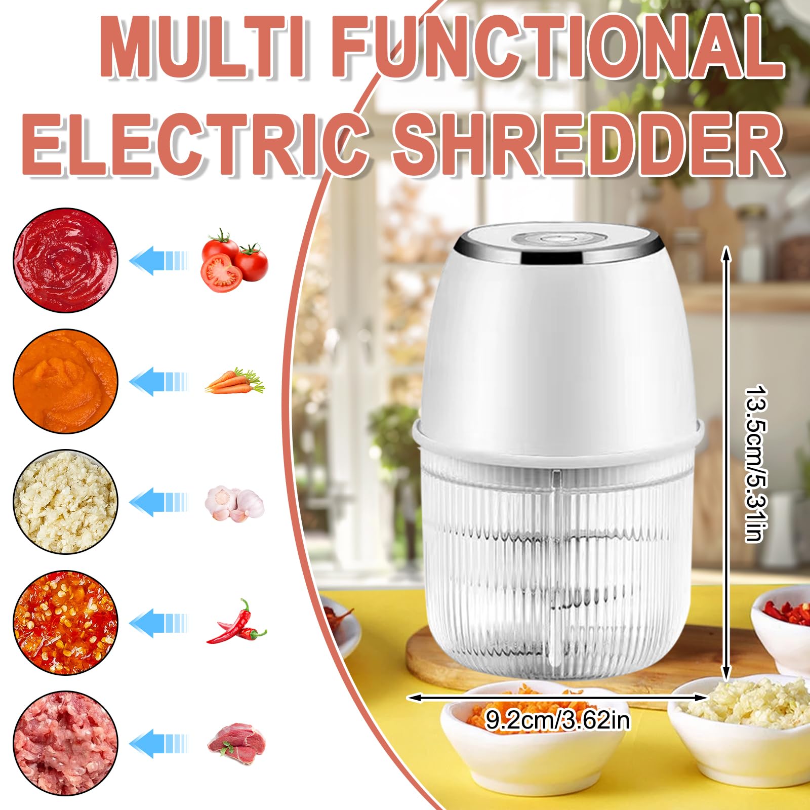 Elektrischer Küchenzerkleinerer, 350ML Zwiebelzerkleinerer Elektrisch, Tragbarer Mini-Zerkleinerer,Zwiebelschneider mit USB-Anschluss für Zwiebeln, Obst, Nüsse, Fleisch Knoblauch (Weiß)