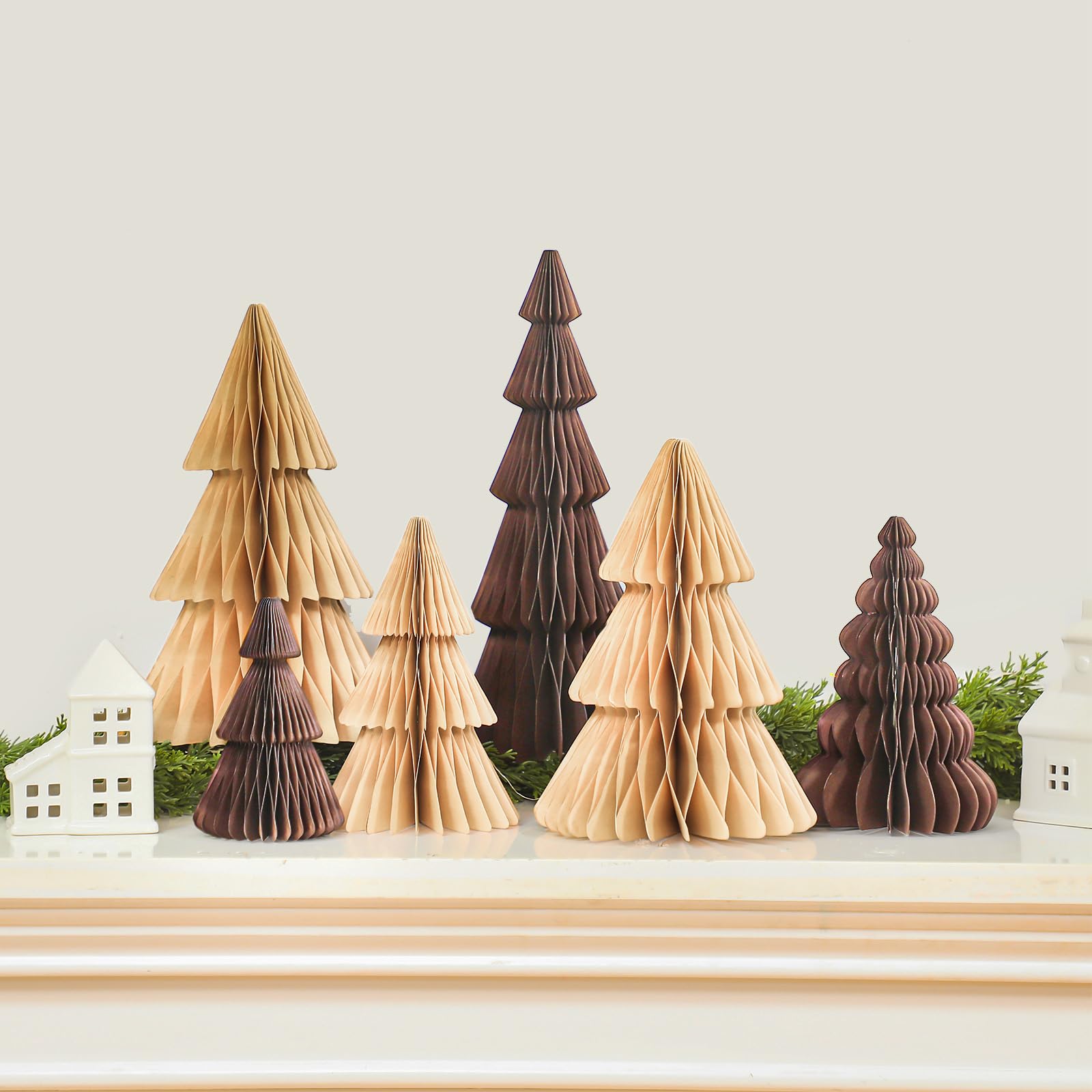 ReliThick 6 Pcs Paper Christmas Tree Decor 3D Honeycomb Trees Table Centerpiece for Modern Christmas Mantel Decorations Home Xmas Holiday Party Decorations (White, Brown)