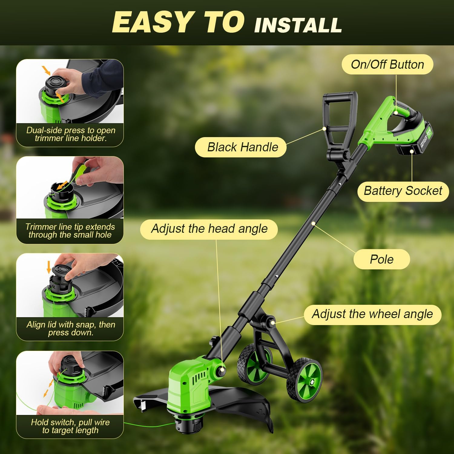 14" Cordless Weed Wacker with Wheels, 20000RPM Electric Weed Eater Battery Powered, 3-in-1 String Trimmer & Lawn Edger with 2 x 3.0Ah Batteries, 8 Spools, Lightweight Grass Trimmer for Garden Yard