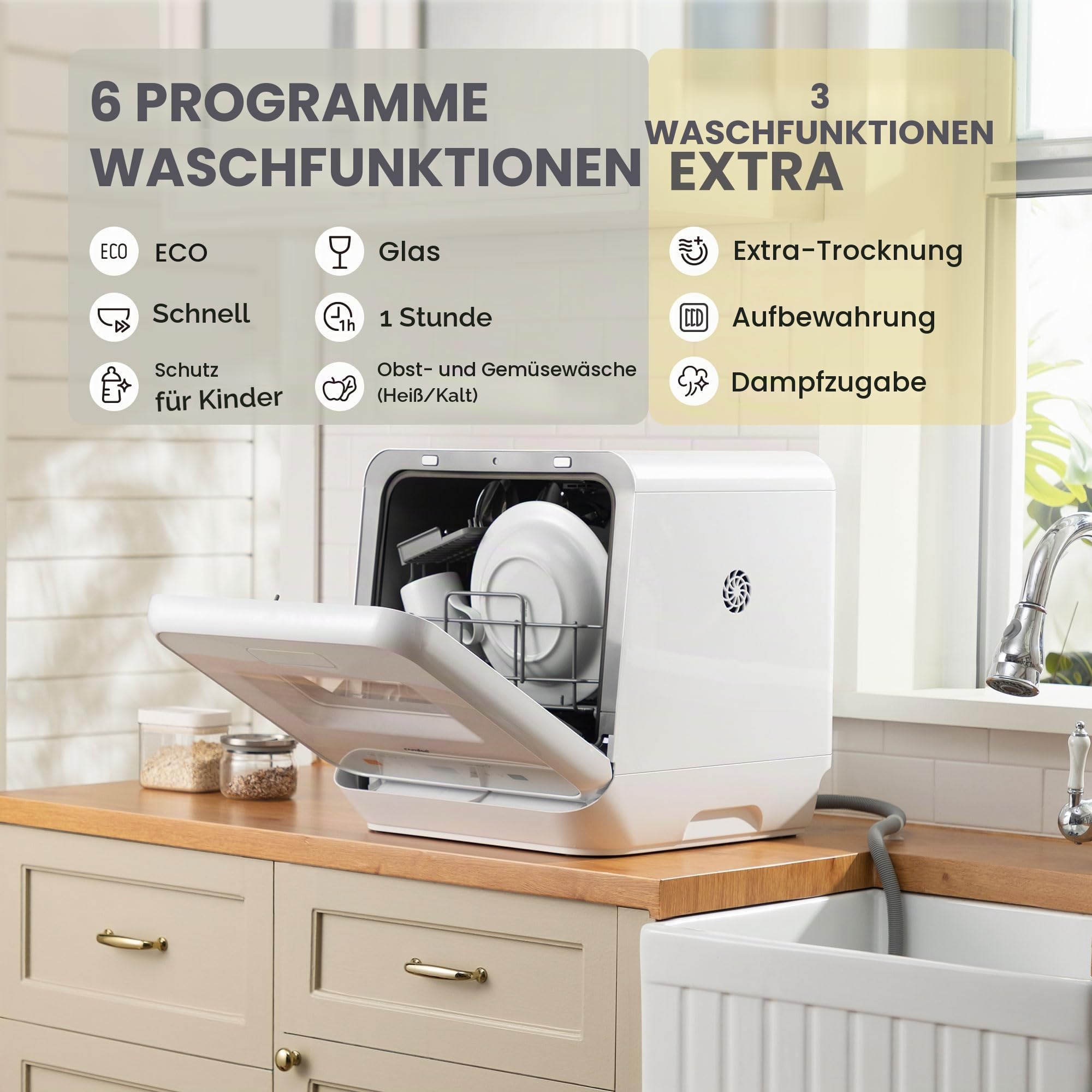 COMFEE Mini-Tischgeschirrspüler mit 6 Programmen, Dampfwäsche, Startzeitvorwahl, Weiß