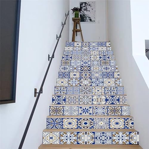 Miniatura 2 de Papel tapiz de escalera 3D DIY para despegar y pegar, calcomanías de escalera con patrón clásico azul, azulejos de cerámica, mural de pared,