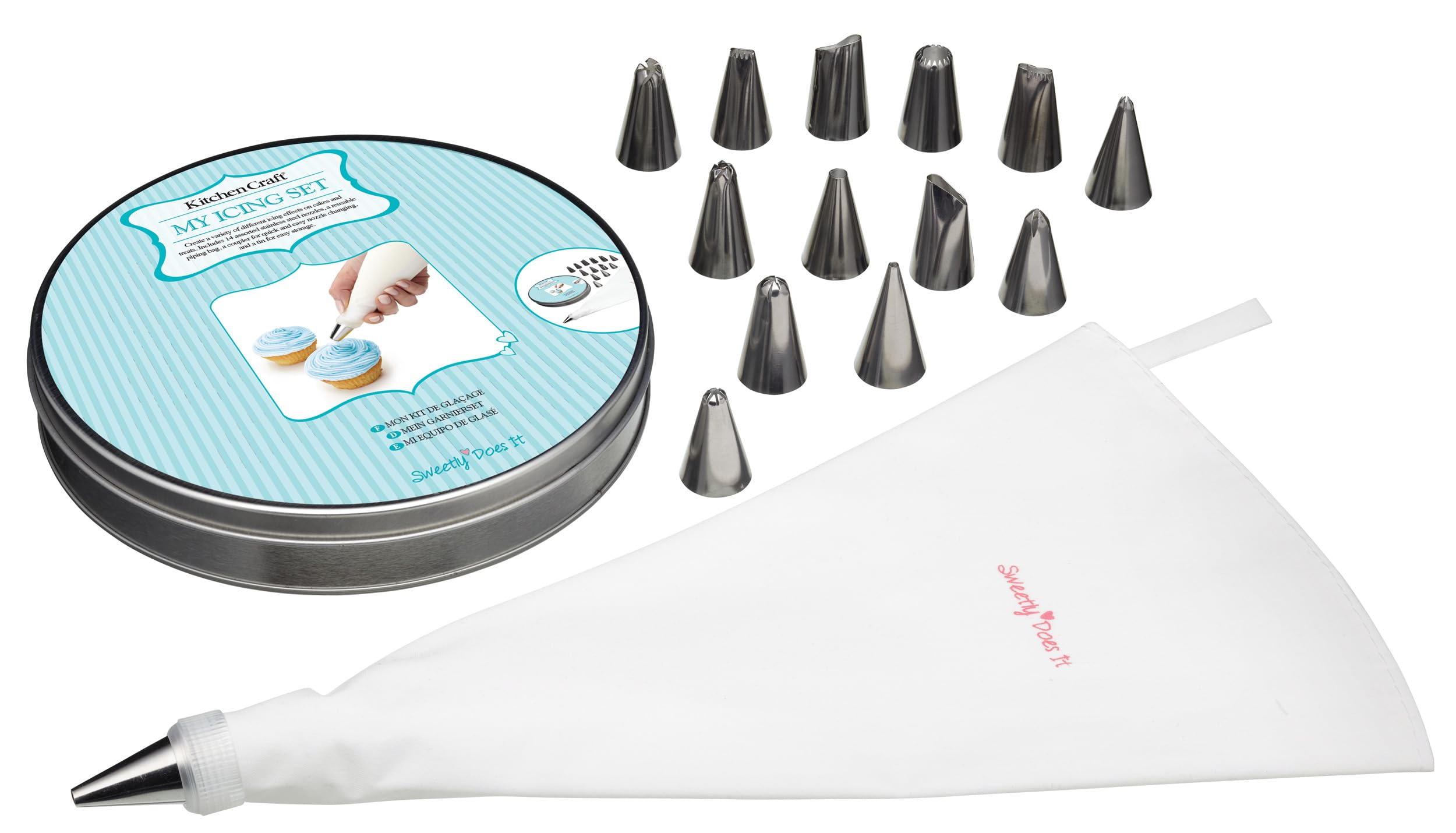 KitchenCraft Sweetly Does It Piping Bag and Nozzles in Storage Tin, 16 Piece Cake Decorating Gift Set