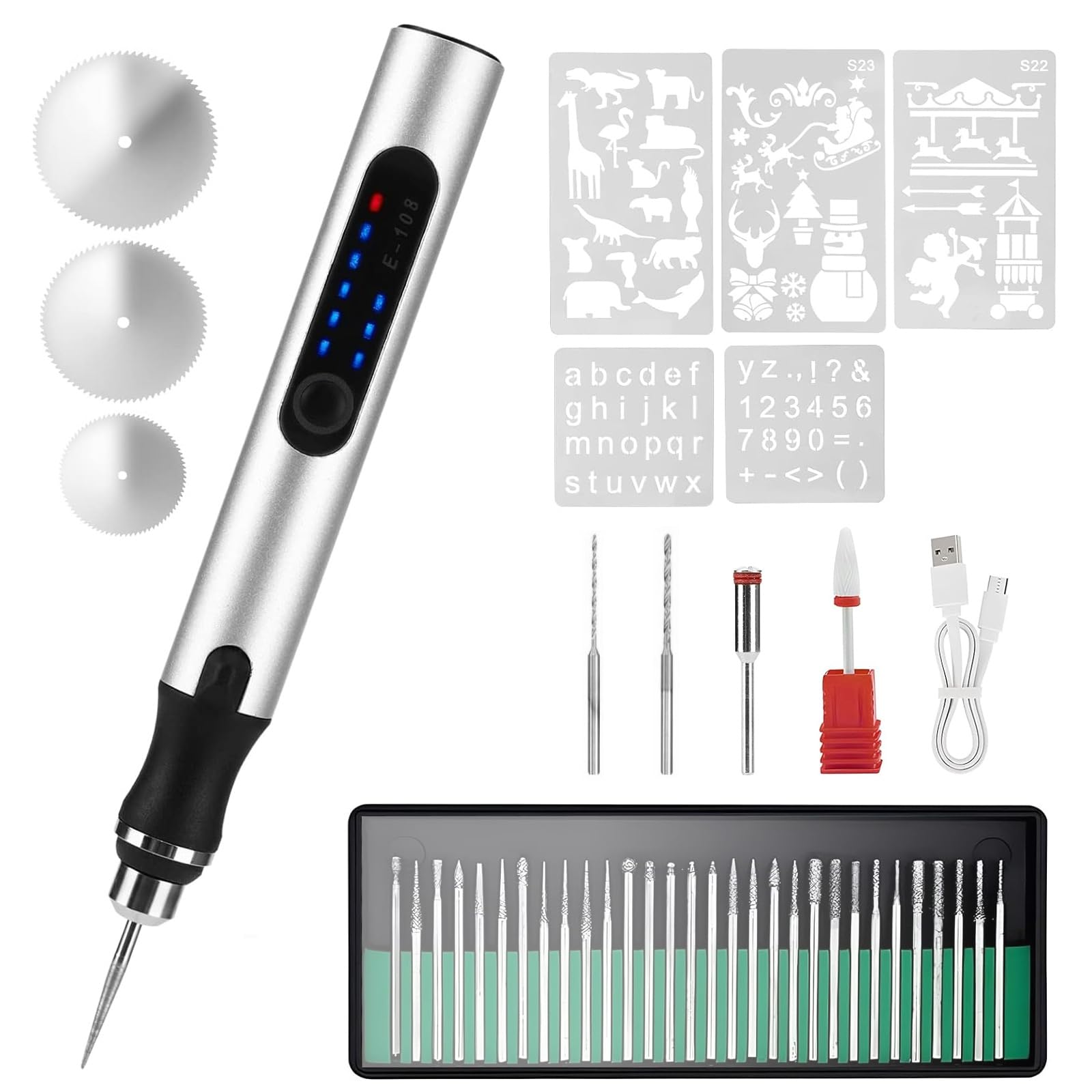 Bolígrafo de grabado eléctrico con 33 puntas de rebaba, 5 plantillas, 3 ajustes de velocidad ajustables, herramienta de grabado profesional inalámbrica recargable para joyas, vidrio, metal, piedra y