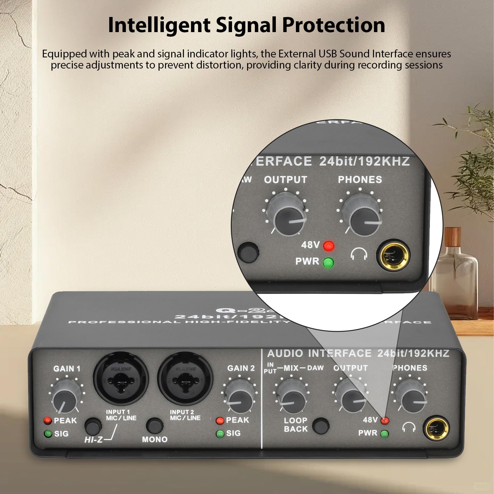 Luocute Interfaz de Audio USB, Tarjeta de Sonido XLR TRS Phantom Power de 2 Canales con 24 Bits 192 KHz para Grabación, Interfaces de Audio de Grabación por Computadora, Transmisión y