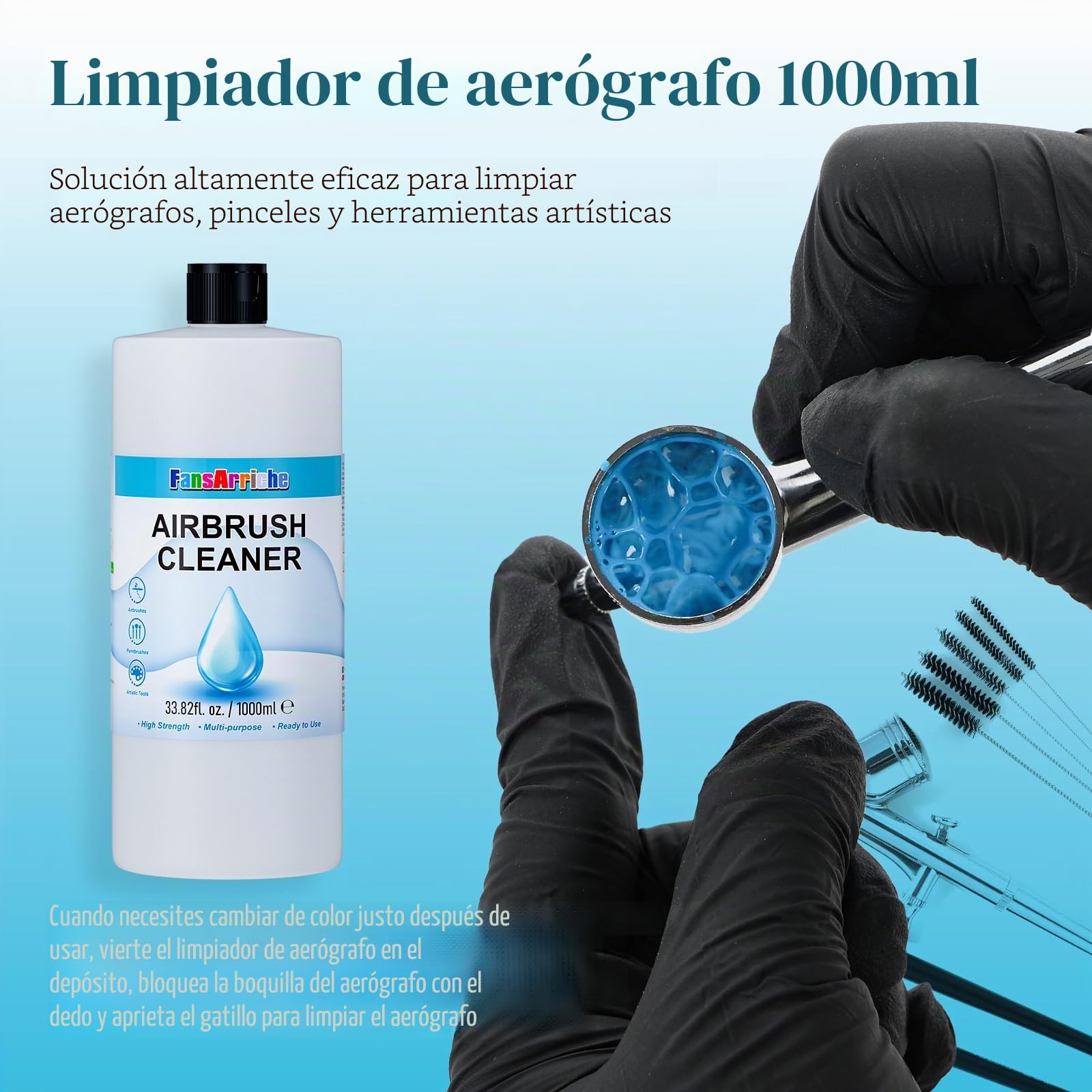 FansArriche Limpiador de aerógrafo de 1000 ml, solución de acción rápida para eliminar pintura acrílica a base de agua, acuarelas y pintura de aerógrafo, tintas, para limpiar aerógrafos obstruidos
