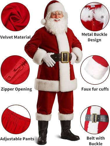Miniatura 2 de Traje de Papá Noel de lujo para hombre, 11 piezas. Navidad para adultos, traje de Papá Noel profesional Navidad