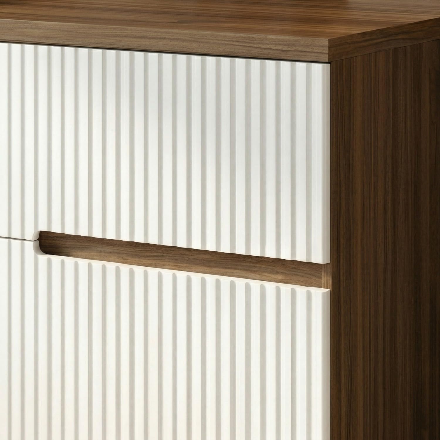 SANIVERRE EVA Meuble Vasque à Poser Suspendu L.100 cm Chêne Moka 2 Tiroirs Blanc Brillant Cannelé (sans Colonne) Salle de Bain