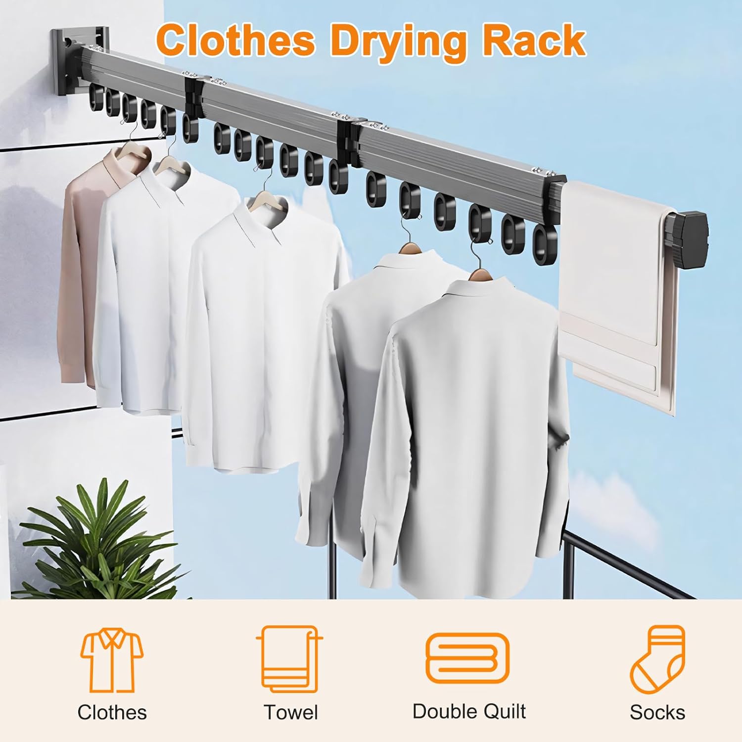 NCONCO Wall Mounted Clothes Drying Rack with 18 Windproof Hooks Trifold Expandable Laundry Hanger Dryer Rack Foldable Hanging Organizer for Clothing for Balcony Bathroom