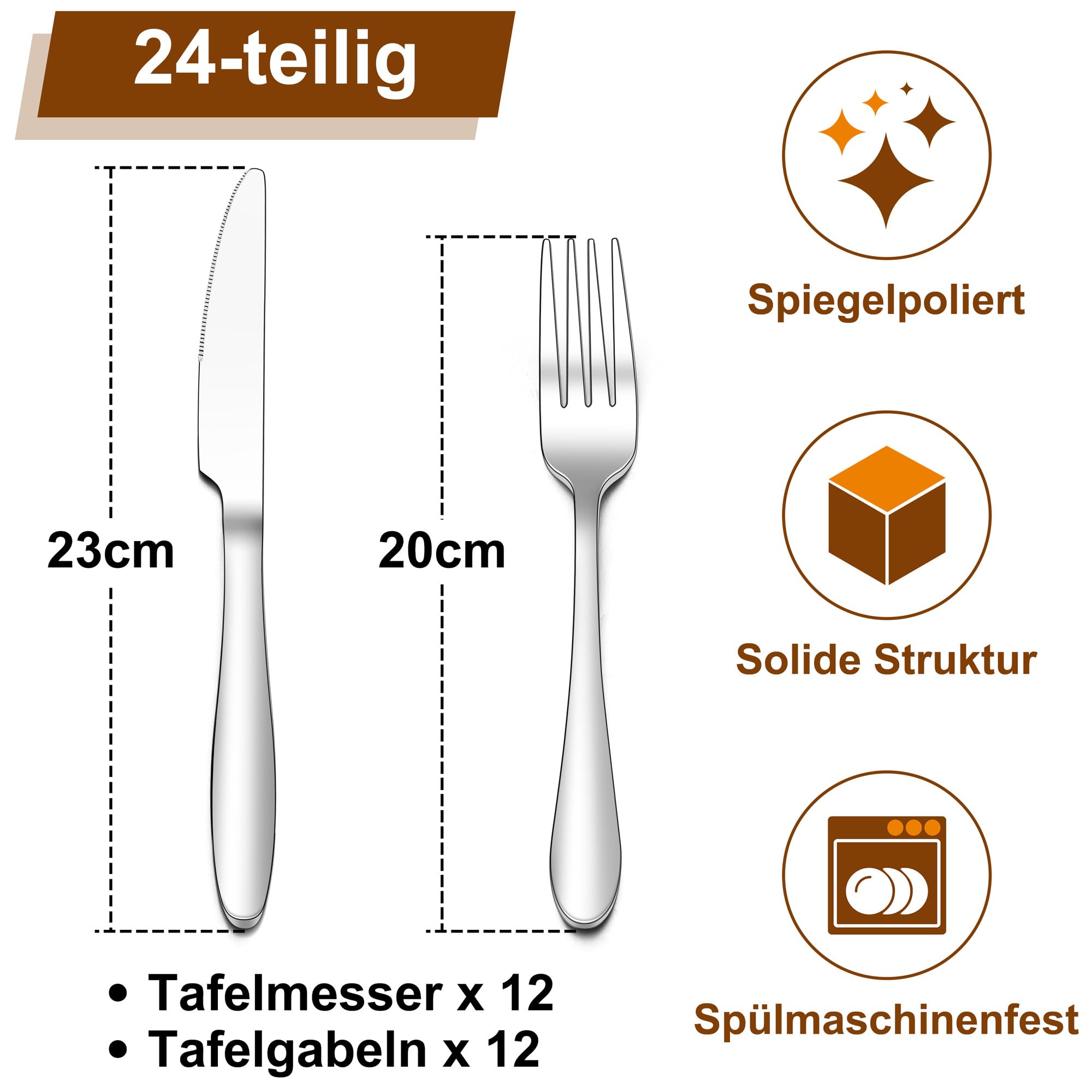 Joyfair Ensemble de couteaux et fourchettes, 24 pièces en acier inoxydable pour 12 personnes, service de table brillant pour la maison/restaurant, 12 couteaux de table (23 cm) + 12 fourchettes de