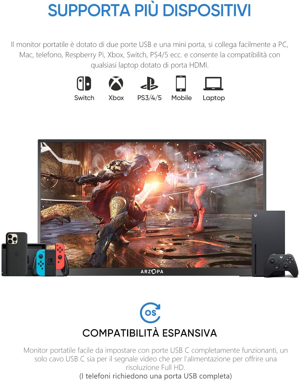 ARZOPA Monitor Portatile, 14 Pollici Portable Monitor, 1920x1080 FHD, IPS con HDMI/Type-C/USB-C, Mini Schermo Portatile, Doppio Altoparlante Integrato per laptop/PC/Mac/PS5 /Xbox