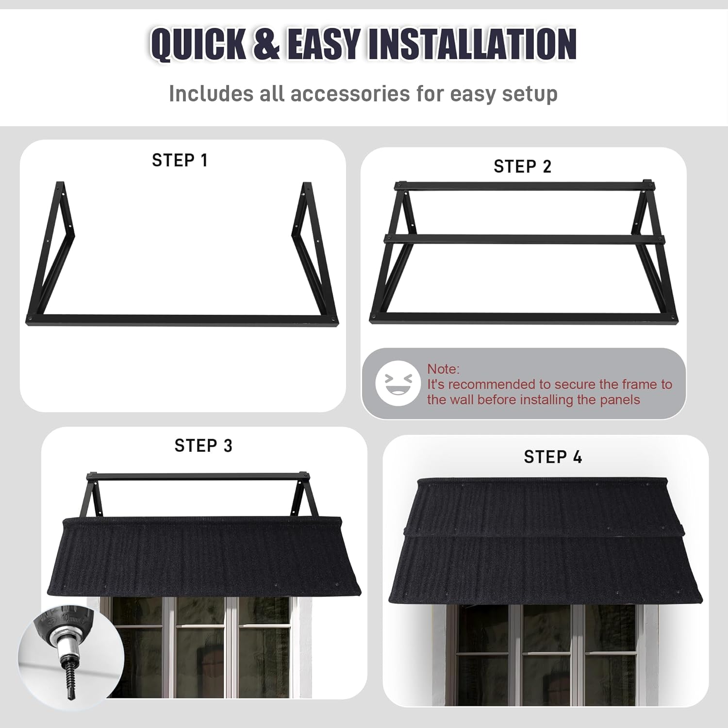 Metal Awning 52" x 31", Fixed Metal Window Awning for Door Entrance with Triangle Steel Frame, Front Door Awnings Canopy Exterior Weather Resistant for Balcony, Window, Porch, Patio, Rain Protection