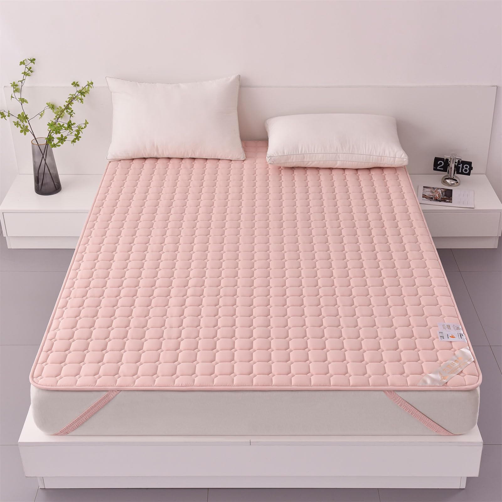 Odot Protector de Colchón Acolchado Color Sólido, Protectores de Colchón Funda de Colchón con 4 Bandas Elásticas Cubre Colchón Suave Comodo Sábana Protectora para Cama (200x220cm,Rosa C)