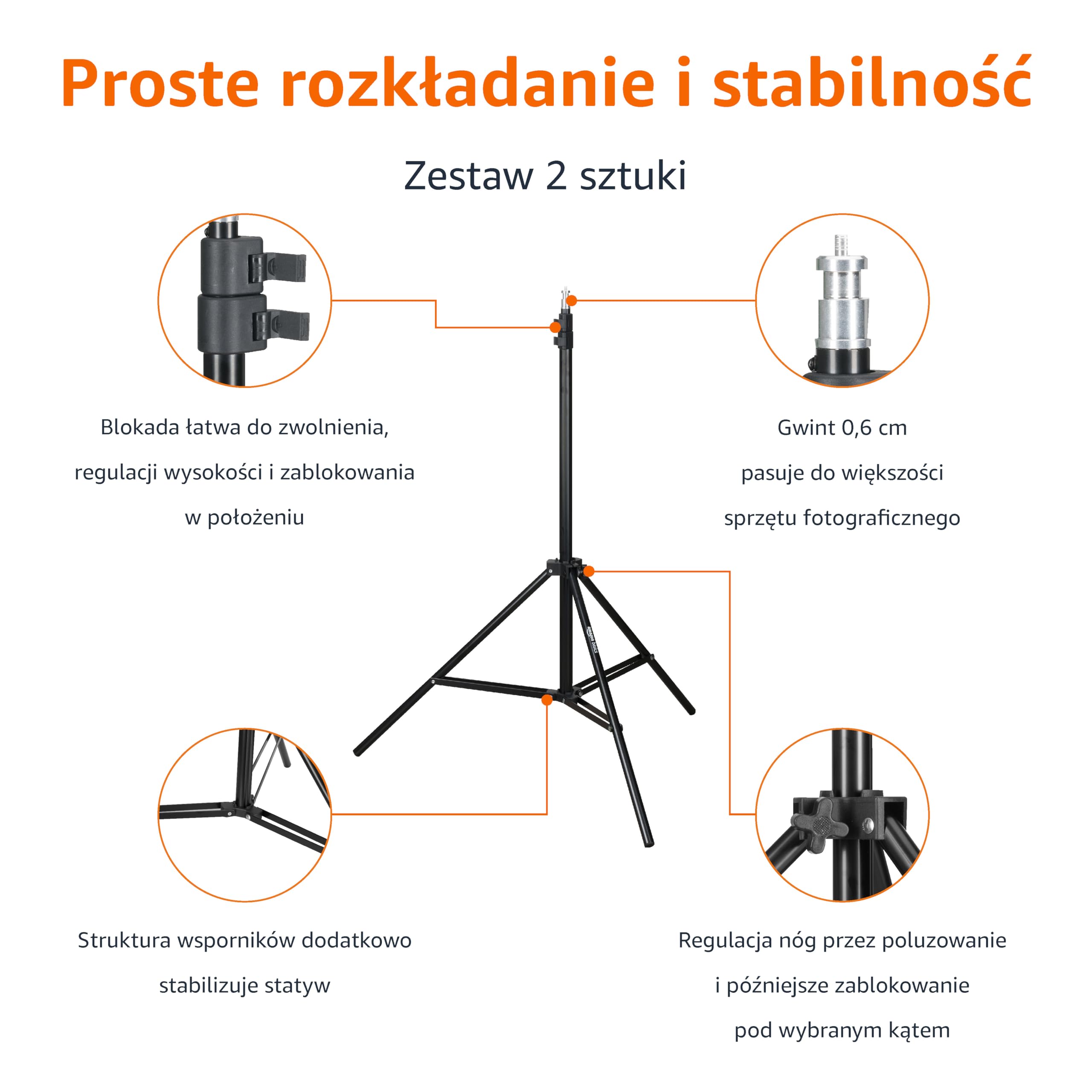 Amazon Basics Lekki, aluminiowy statyw do aparatu z pokrowcem, 2 sztuki, 85-204 cm, 821 g, czarny