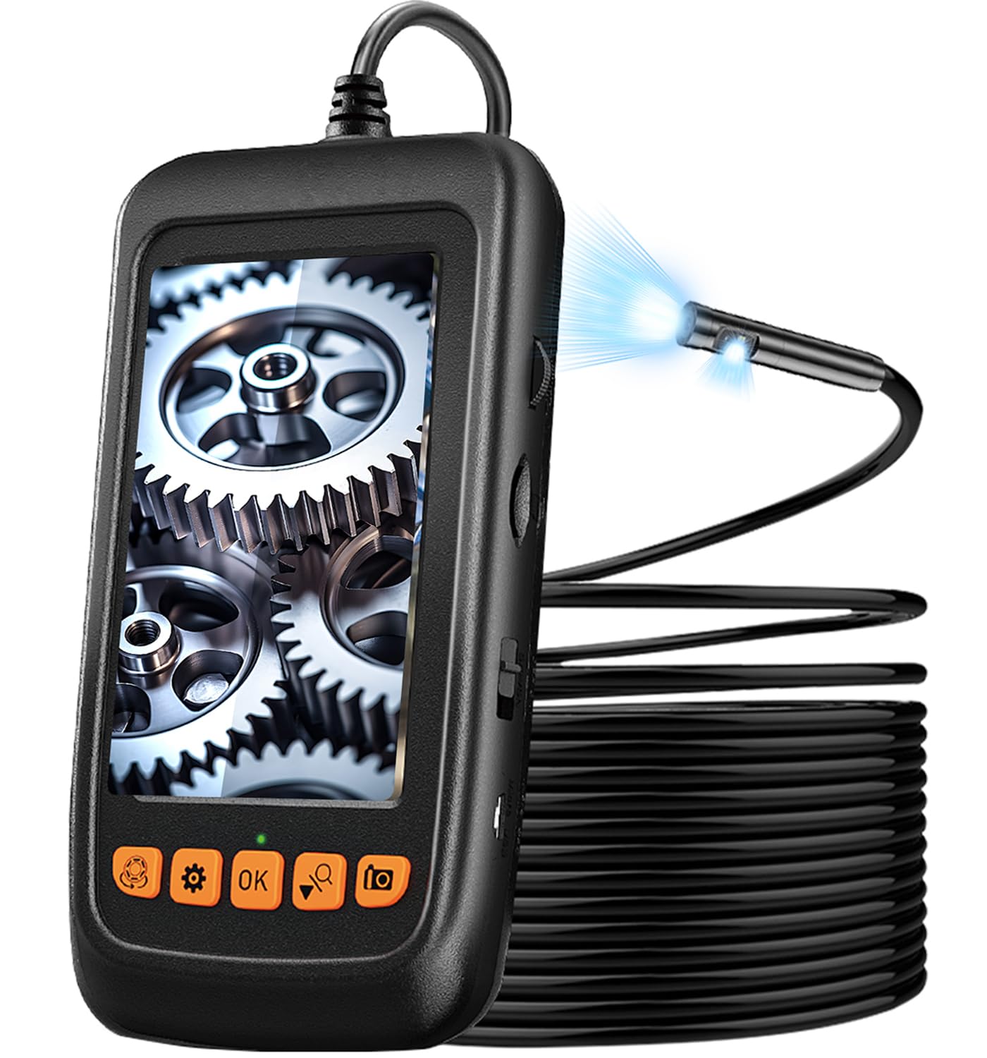 Cámara endoscópica de doble lente con luz, boroscopio industrial HD de 1920P con IPS de 4.3 pulgadas, 7 luces LED y tarjeta de 32 GB, cámara de inspección impermeable IP67 con cable semirrígido de
