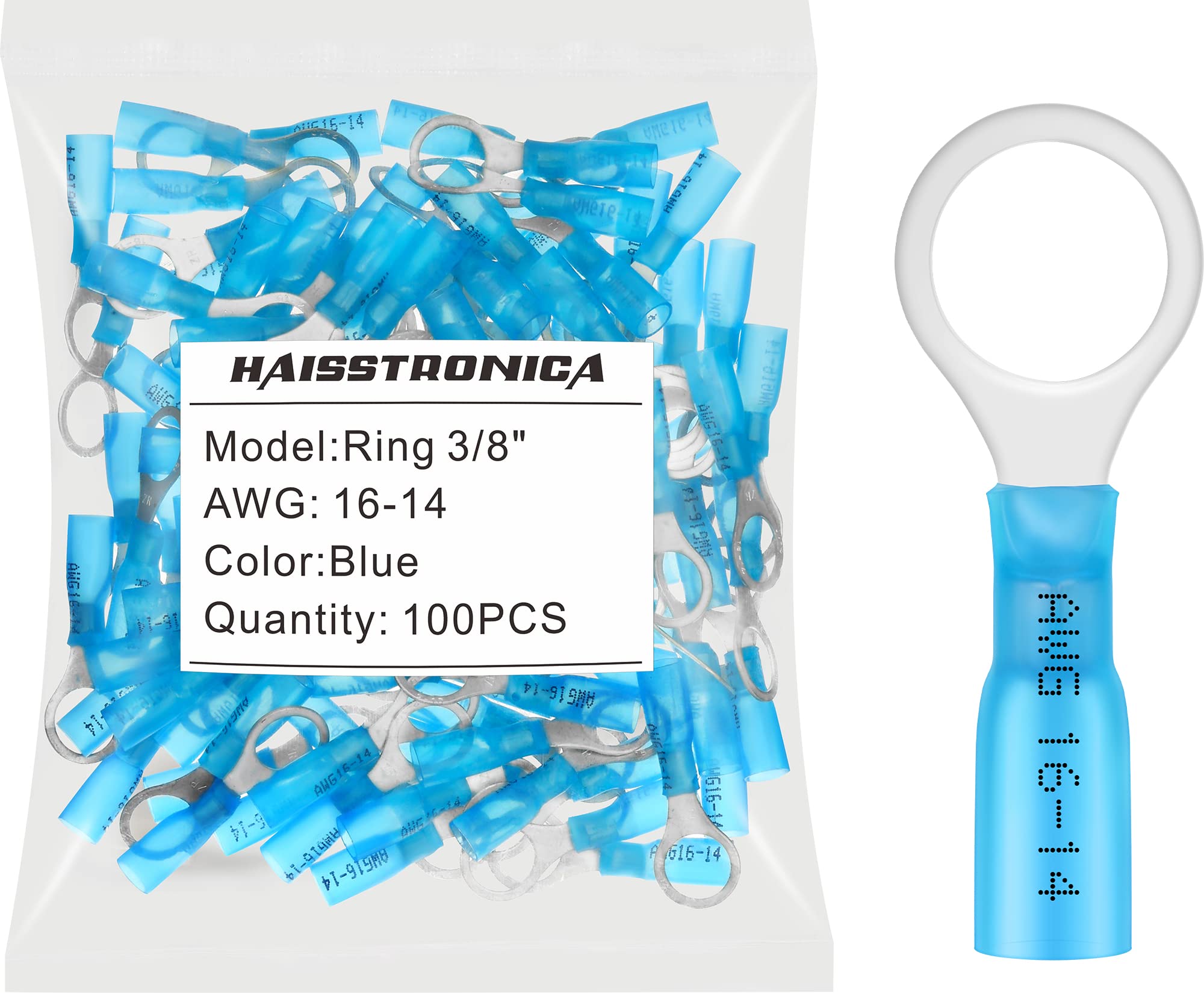 haisstronica 100PCS Heat Shrink Ring Terminals, 16-14 AWG, 3/8 in, Blue | Battery and Ground Stud Connections, 0.7 mm Copper Barrel, 3:1 Adhesive-Lined Seal, Automotive Wiring Repairs, Ring Connector Ring 3/8" Blue 100