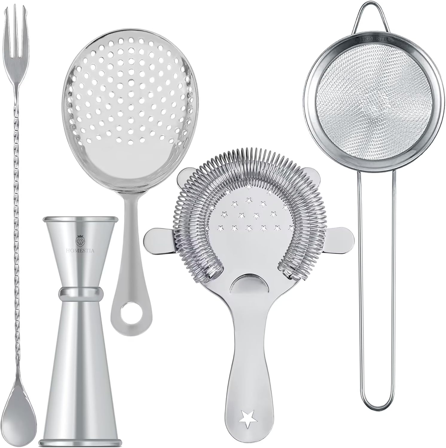 Homestia Cocktail Strainer Set – Bar tools Stainless Steel Includes Hawthorne Strainer, Julep & Fine Mesh Cocktail Strainers, Mixing Spoon – Drink Shaker Strainer for Bartending (5 Pieces, Silver)