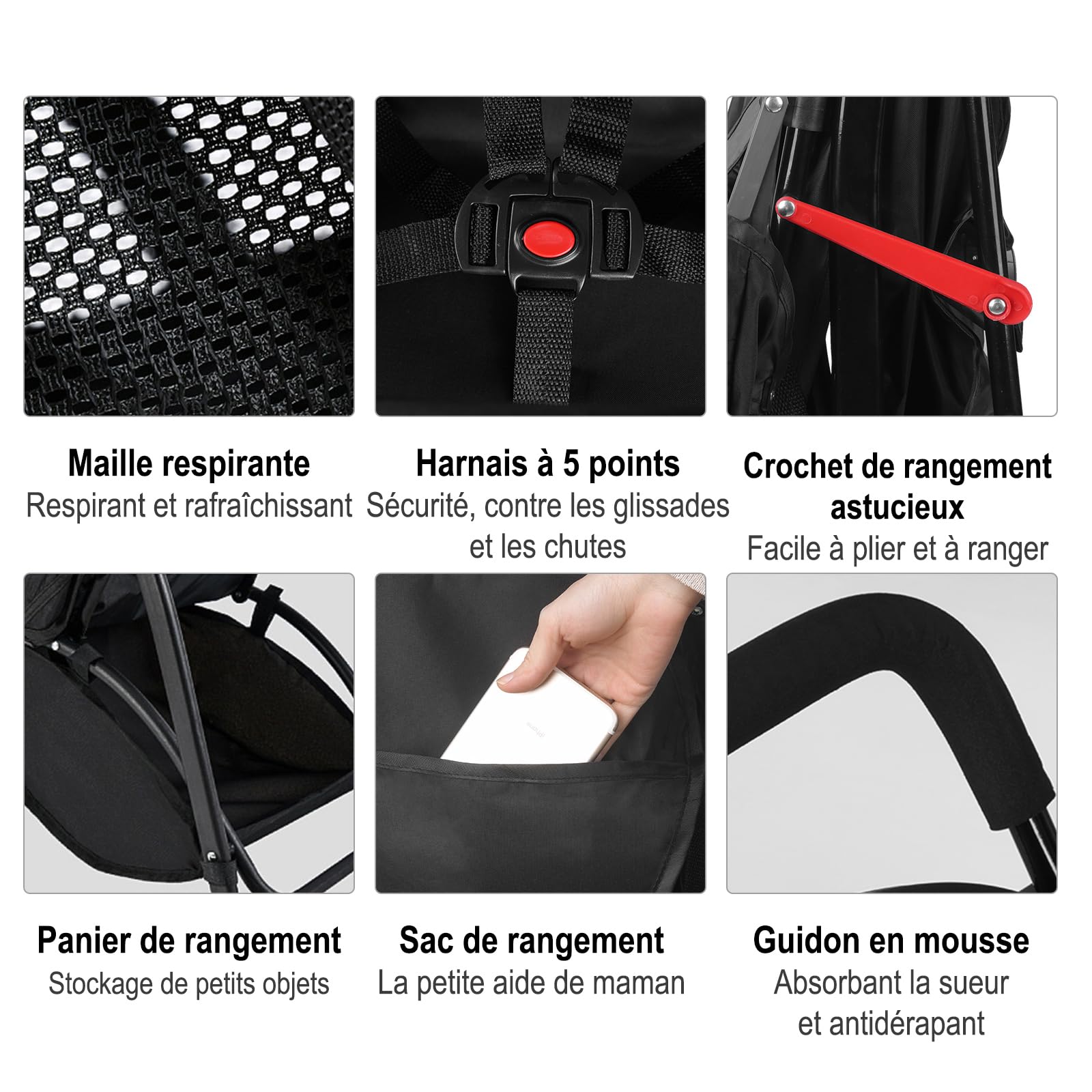 Pousstte Bébé Poussette Canne Poussette Compacte Poussette Pliable et Inclinable Roues Maniables et Légères Dossier Réglable Matériau Anti-UV Avec pochette de rangement Cadeau pour bébé, Noir
