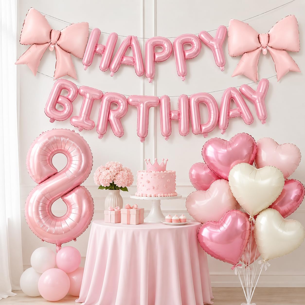 25PCS Pink Happy Birthday Balloons, 32 Inch Number 8 Balloon with Letter Banner, Bow Balloons and Heart Balloons, for Girls 8th Birthday Party Decorations