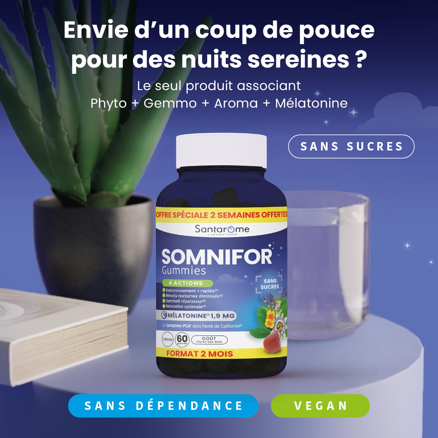 Santarome Bio - Somnifor - Gummies Sommeil - Mélatonine 1,9 mg, Plantes et Huiles Essentielles - Endormissement rapide, sommeil réparateur - 60 gummies dont 15 nuits offertes - Végan - Made In France