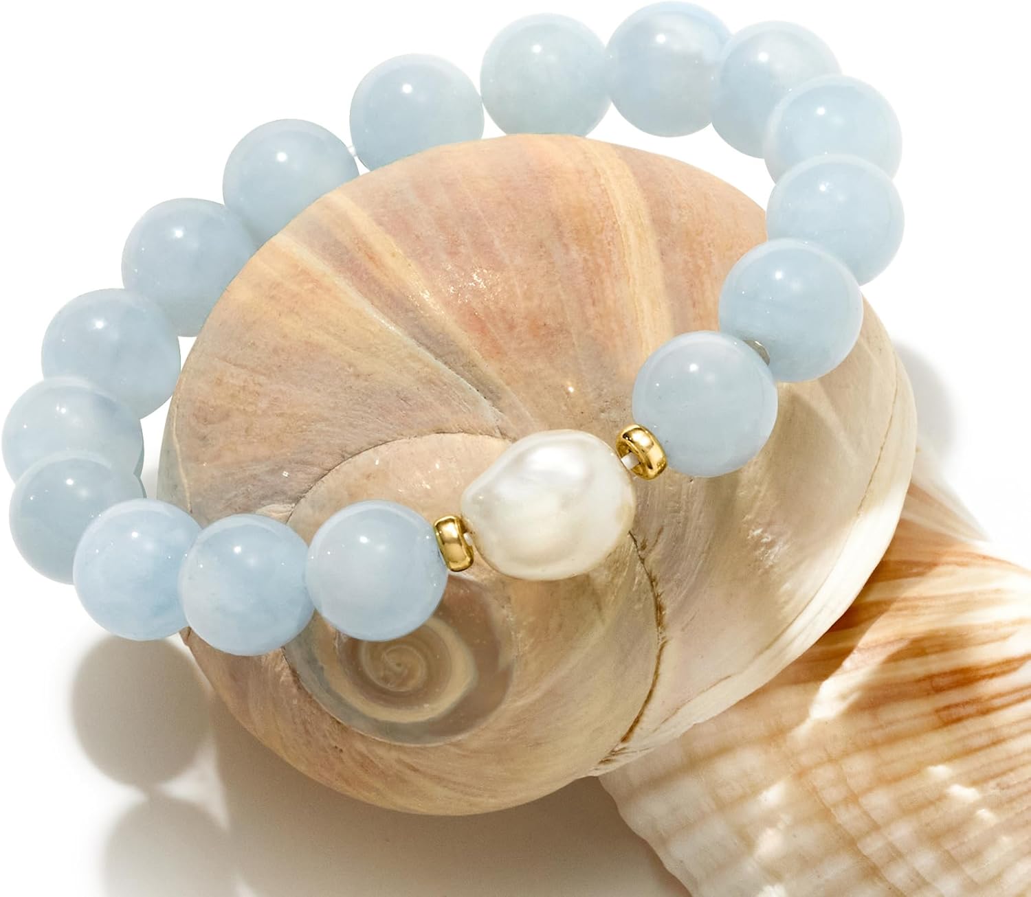 Ross-Simons 12-13mm Cultured Baroque Pearl and 140.00 ct. t.w. Aquamarine Bead Stretch Bracelet With 14kt Yellow Gold. Adjustable Size - Image 3