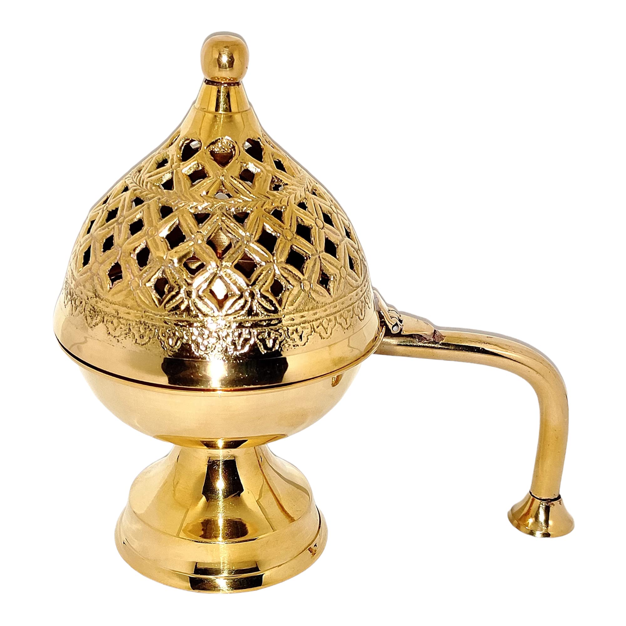Seducente grande dimensione, Incenso, Dhoop, Bakhoor Dani Diya Holder, Kapoor Difuser, Home Purifying Lobandan Stand - 19x19x12 cm, in ottone puro, finitura dorata