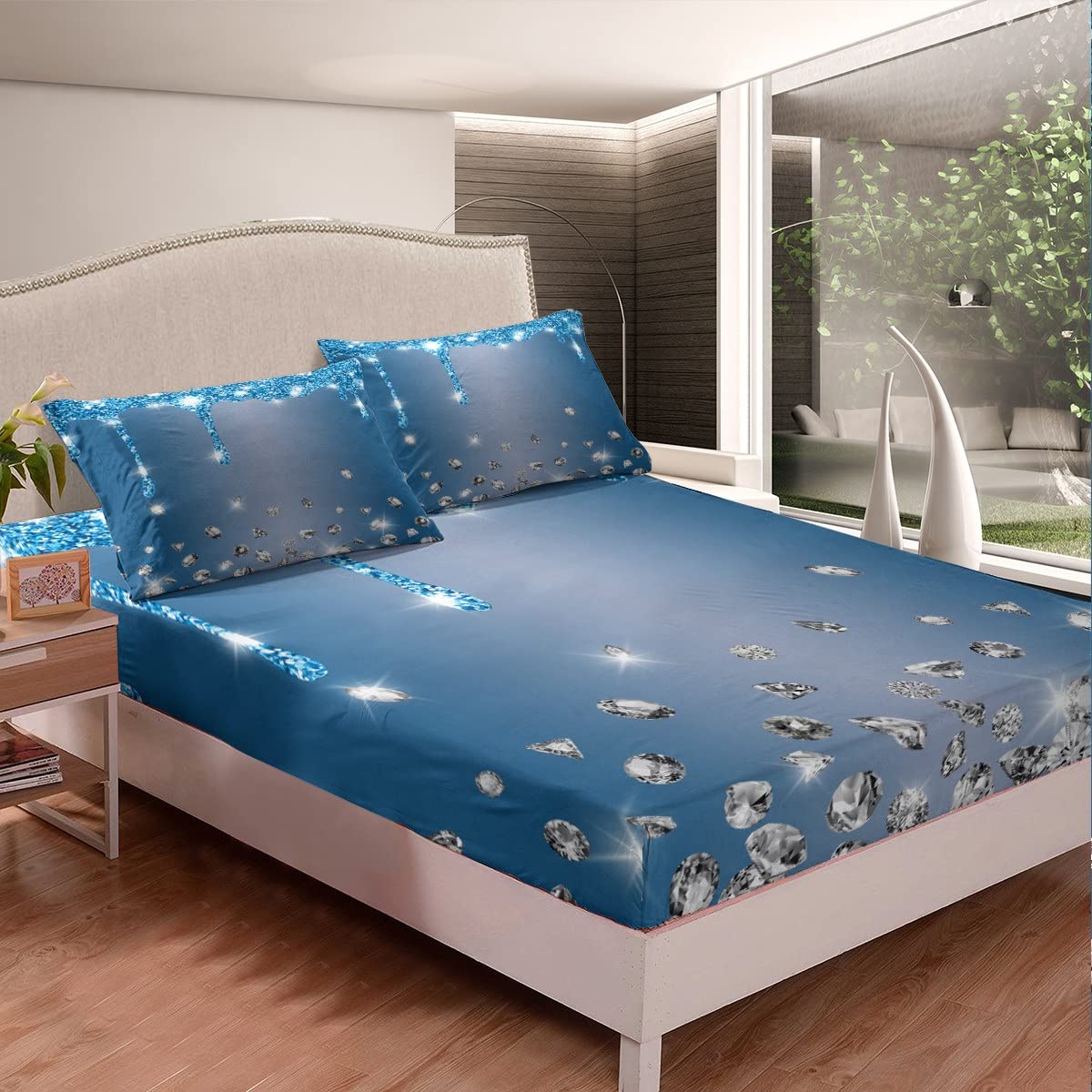 Juego de sábanas de diamantes con purpurina para niños y niñas, sábana bajera ajustable brillante para niños, mujeres y hombres, textura de lujo suave, colorido y moderno, juego de ropa de cama para