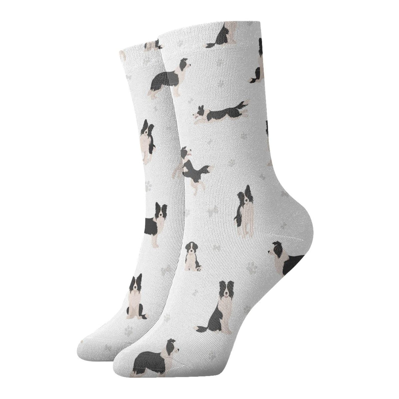 Jiufotk Unisex As Pic Cute Dog Border Collie Sport Sock Novelty Crew Tube Socks 12 Inch Fashion Casual Socks For Men And Women