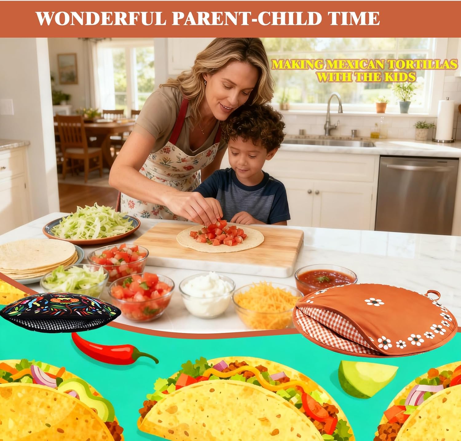 2-Pack Tortilla Warmer Pouch, 12 Inch Round Microwavable Insulated Fabric Bag to Keep Tortillas Soft & Warm, Heat Keeper for Corn & Flour Shells, Tacos, Naan, Ideal for Family Meals & Parties