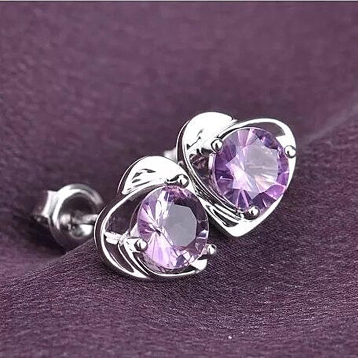 18K White Gold Plated Fashion Jewelry Purple Crystal Stone Lady's Charming Stud Earrings