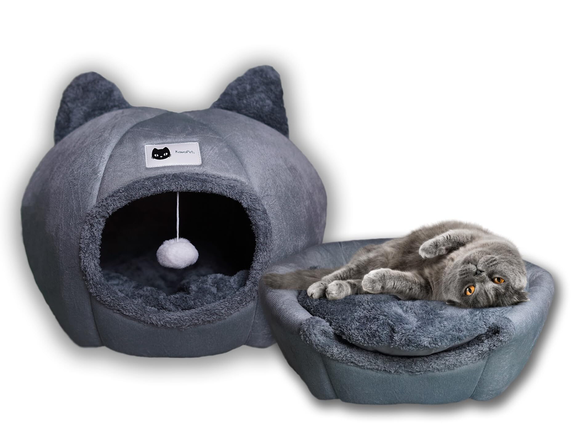 Cama Gato - Casa Gato - Cama Perro Pequeño - Cueva Gato - Caseta Gato con Cojín Interior Desmontable, Lavable, Bola Colgante Juguete, con Collar Multicolor de Regalo, para Verano e Invierno 2en1.