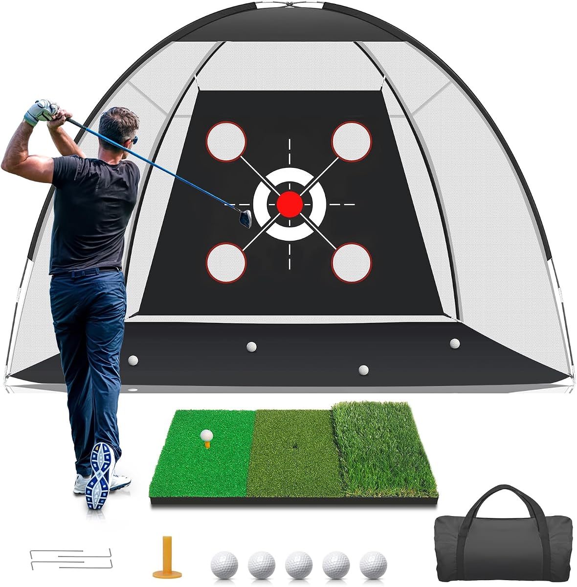 Red de golf con tapete de práctica, redes de ayuda para golpear golf de 10 x 7 pies para conducir en el patio trasero, entrenamiento de astillado, columpio con tapete objetivo para exteriores e interiores, regalos para hombres, papá, él y golfista