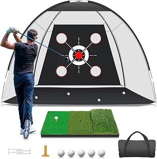 KLAODOT 10x7ft Golf Practice Net with Hitting Mat, Targets, Balls - Backyard Driving Chipping Swing Trainer for Men Golfers