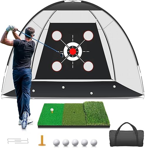 Golf Net with Practice Mat,Golf Hitting Aid Nets 10x7FT for Backyard Driving Chipping Training Swing with Target Mat Balls for Outdoor IndoorGifts
