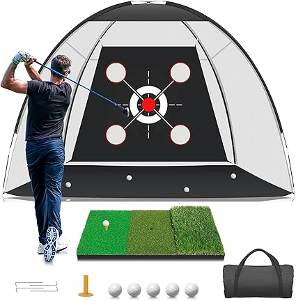 Golf Net with Practice Mat,Golf Hitting Aid Nets 10x7FT for Backyard Driving Chipping Training Swing with Target Mat Balls for Outdoor Indoor，Gifts for Men Dad Him and Golfer