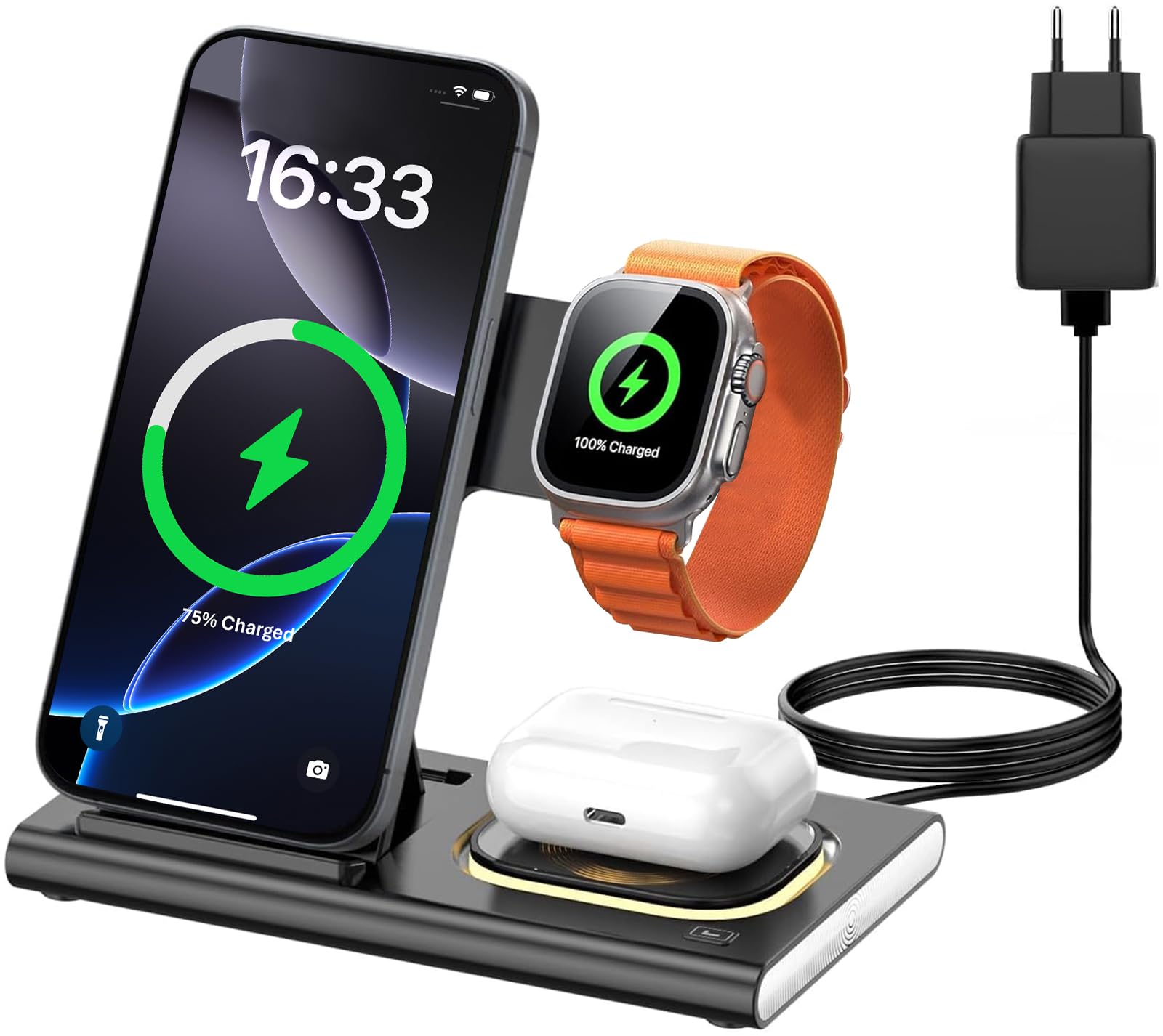 Aimtel 3 in 1 Induktive Ladestation Faltbare&Nachtlichter Kompatibel mit iPhone 17/17 Pro/17 Pro Max/17 Air/16/15/14/13,Apple Watch 11/Ultra 3/10/9/8/SE 3 für Air-Pods Pro/4/3/2 Kabelloses Ladegerät